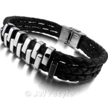 Stainless Steel Bangle Bracelet Wrist Chain Men Silver Black Leather Us39b0166