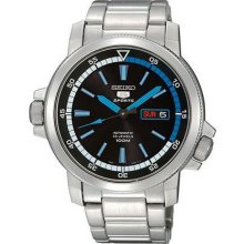 Stainless Steel Seiko 5 Automatic Link Bracelet Black Dial Blue
