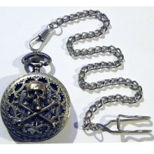 Steampunk Antique Victorian Style Skull Pocket Watch and Silver chain fob