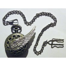 Steampunk Antique Victorian Time Flies Wing Pocket Watch and Silver chain fob