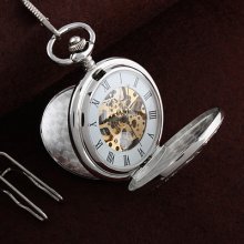 Steampunk Mechanical Style Hunter Skeleton Steel Mens Silver Windup Pocket Watch