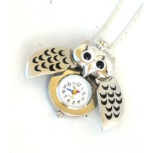 Steampunk - MIDNIGHT OWL Pocket Watch - Wings Open - Necklace - Shiny Silver - Neo Victorian - By GlazedBlackCherry
