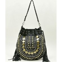 Studded Cross Body Messenger Bags Drawstring Purse Black