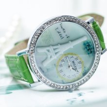 Stylish Women Girl Eiffel Tower Style Shiny Pu Strap Crystal Bezel Wrist Watch