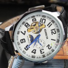 Tourbillon Mens Automatic Leather Watch Moonphase 12/24h Classic Gift