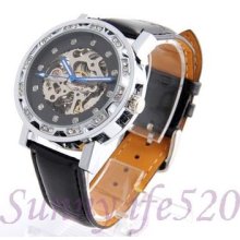 Trendy White Dial Rhinestone Self Wind Automatic Mechanical Men Lady Wrist Watch