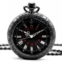 Tungsten steel black classic Roman pocket watch necklace chain round quartz - Beige - Metal