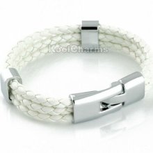 Unisex Mens Plain White Rope Surfer Braided Leather Woven Wristband Bracelet
