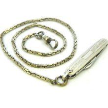 Used Vintage Stainless & 14k Gf Pocket Watch Chain With Pocket Knife 16 1/2