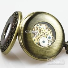 Vegan Retro Bronze Wood Mechanical Skeleton Pocket Watch