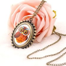 Vintage Antique Style Gift Cartoon Owl Case Quartz Necklace Chain Pocket Watch