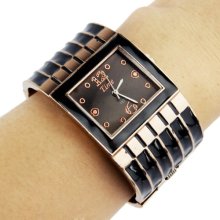 Vintage Black Square Dial Black and Copper Alloy Bracelet Quartz Watch - Stainless Steel