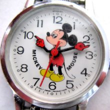 Vintage Bradley Mickey Mouse Silver Womens Wind-up Mechanical Wristwatch Watch