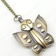 Vintage Bronze Cute Little Butterfly Sideslip Pocket Pendant Long Necklace Watch