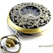 Vintage Bronzed Hollow Flower Case Skeleton Mechanical Pendant Pocket Watch