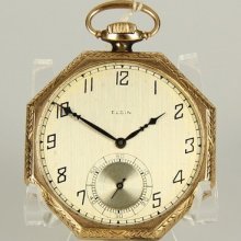 Vintage Elgin 14k Gold Art Deco Octagon Shape Pocket Watch Swiss Made