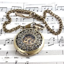 Vintage Flower White Dial Chain Pendant Skeleton Mechanical Pocket Watch F003