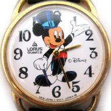 VINTAGE LORUS DISNEY MICKEY MOUSE MAGICIAN Wand Black HAT White Gloves Old WATCH - Leather - Gold