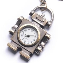 Vintage Robot Pocket Watch Pendant Bronze Long Necklace By 81stgeneration