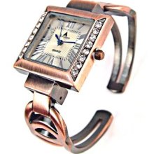 Vintage Roman Square Crystal Bezel Rose Gold Cuff Bracelet Watch
