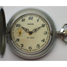 Vintage Soviet Molnija Pocket Watch Chromed Hunter Case Classic White Dial