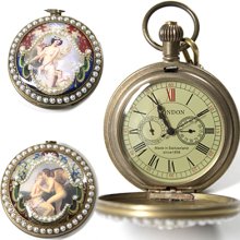 Vintage Valuable Pure Copper Pearl Painting Pocket Watch Mechanical Noble Chain