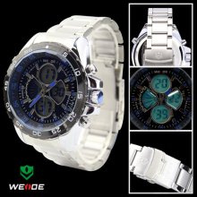 Weide Mens Blue Hand Led Chrono Dial Stainless Steel Band Quartz Wrist Watch