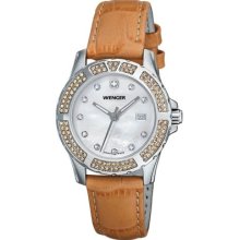 Wenger Womens Sport Elegance Alpine Crystal Stainless Watch - Khaki Leather Strap - Pearl Dial - 70312