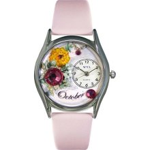 Whimsical Watches Unisex Birthstone: October Silver S0910010 Pink Leather Quartz Watch with White Dial