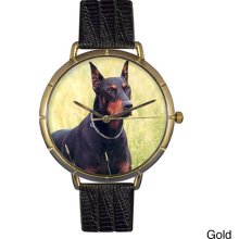 Whimsical Women's Doberman Photo Leather Strap Watch (Gold)
