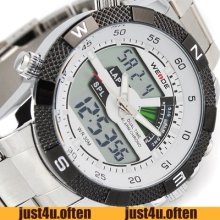 White Dial Stainless Steel Men's Fashion Alarm Wrist Watch Sport Style Dual Time