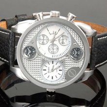 White Jumbo Men's Sport Watch Gmt Dual Quartz Time Leather Band Gift For Him