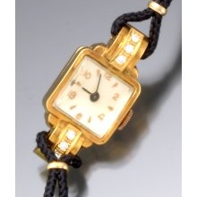 Women's 17 Jewel Swiss 18k Yellow Gold Diamond Wrist Watch From The 1950s