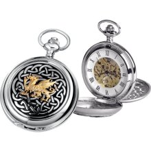 Woodford Skeleton Pocket Watch, 1912/Sk, Men's Chrome-Finished Gilt Welsh Dragon Pattern With Chain (Suitable For Engraving)