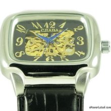 X411 Auto Mechanical Fashion Gold Skeleton Black Watch