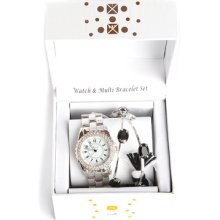Xclusive Ladies Crystal Silver Tone White Dial Watch And Bracelet Set 16040