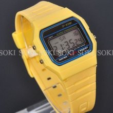 Yellow Digital Day Date Quartz Mens Womens Alm Wrist Plastic Band Watch S13y