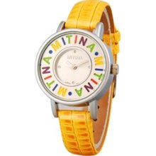 Yellow Mitina Women's Round Dial Analog Watch with Faux Leather Strap