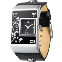 01 The ONE Mens Leaf Pattern Analog Stainless Watch - Black Dial - Black Leather Strap - AN02M01