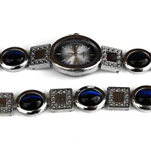 1980's Silver & Lapis Timepiece Vintage Geometric Quartz Stainless Steel Back Blue Boulder Opal Watch and Bracelet Designer Jewelry Gift Set