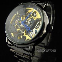 2013 Hot Black Hollow Dial Stainless Steel Automatic Mechanical Mens Wrist Watch