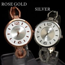 2013 Silver Rose Gold Round Crystal Dial Ladies Women Quartz Bracelet Watch