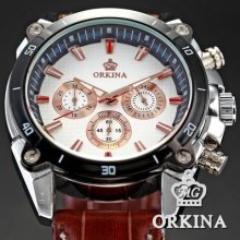 4 Colors Choose Orkina Hour Sport Mens Chronograph Analog Quartz Leather Watch