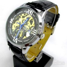 5pcs Luxury Fashion Pu Strap Transparent Dial Black Automatic Watch