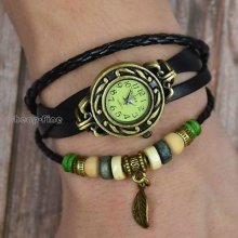 6color Fashion Elegant Genuine Leather Leaf Strap Roma Number Dial Quartz Watch