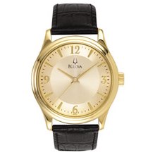 97A70 -- Bulova Round Gilt Dial Men's Watch W/Black Leather Strap