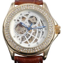 Ak-homme Men Brown Leather Crystal Silver Automatic Mechanical Wrist Watch Ak228