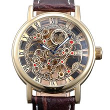 Ak-homme Roman Numbers 18k Golden Plated Dial Mens Mechanical Wrist Watch