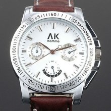 Ak-homme White Face Genuine Leather Mens Fashion Wrist Watch Xams Gift Ak163