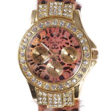 Alias Kim 18k Golden Plated Dial Leopard Leather Band Womens Ladies Wrist Watch